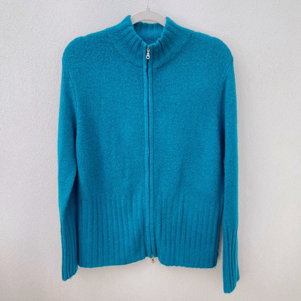 Allison Morgan soft sweater zip up XL teal blue warm cozy cardigan vintage